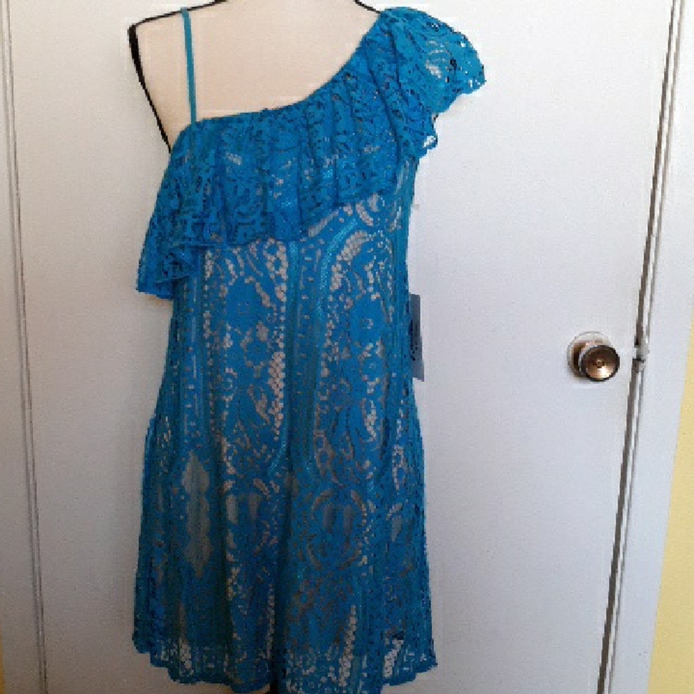 Trixxi Blue Turquoise One-Shoulder Lace Dress